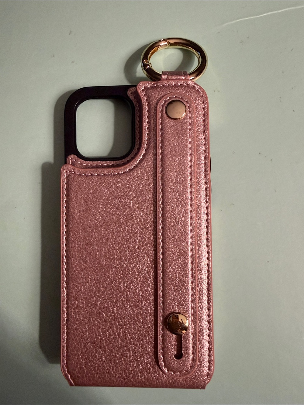 Rose Pink Leather Phone Case with Strap and Keyring